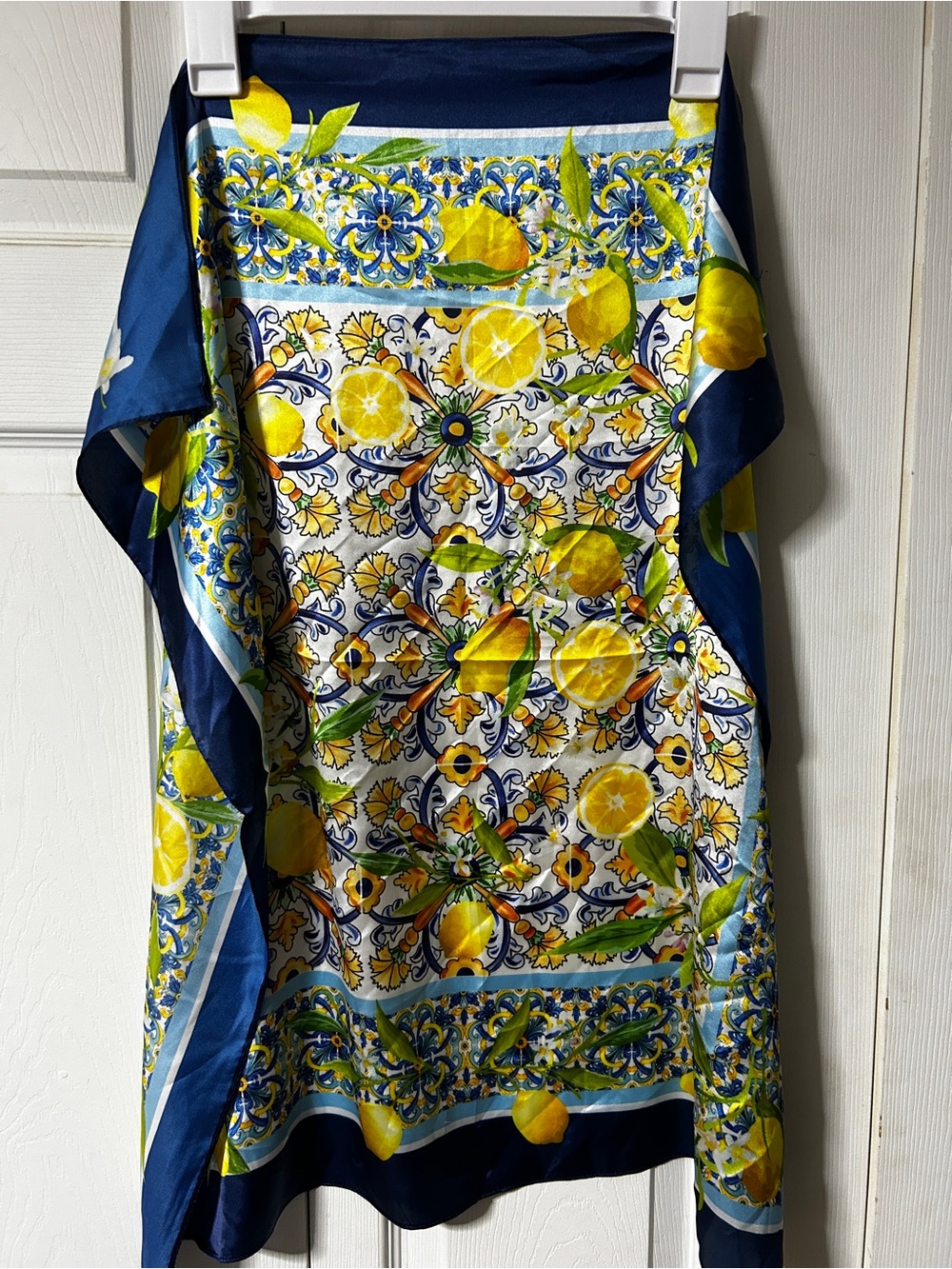 Lemon Tile Print Silk-Feel Scarf - Navy, Yellow, Green - Unbranded